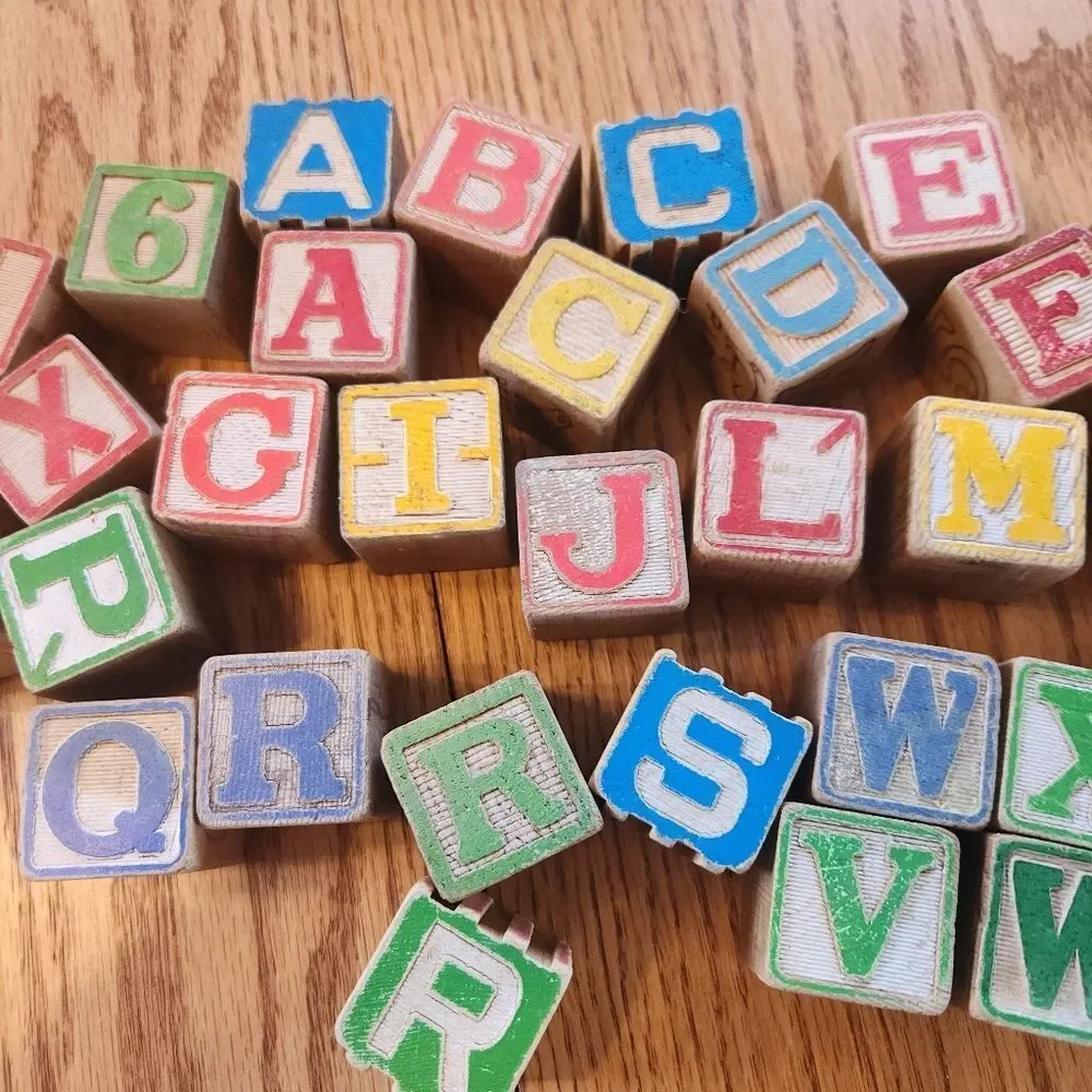 11 vintage wood building blocks-letters numbers & animals red blue yellow green